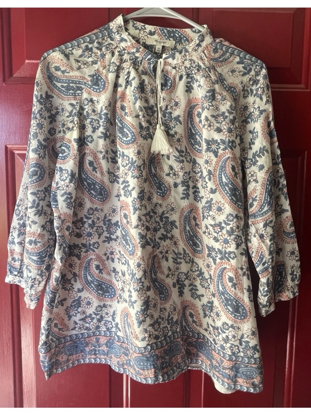 Madewell Cream Paisley Tassel-Neck Tunic with Blue & Rust Accents